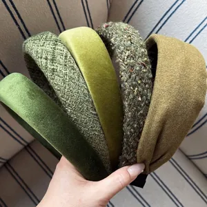 Women Vintage Green Series Wide Padded Sponge Headband High Cranial Top Retro Velvet Tweed Thick Hairband Hair Accessories