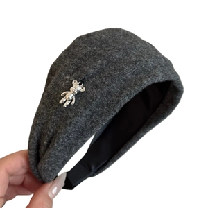 Dark grey velvet padded headband with a silver bear charm for women's autumn winter style