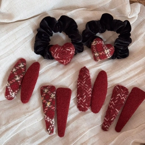 Red plaid heart velvet scrunchies and matching fabric hair clips set for women
