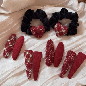 Red plaid heart velvet hair scrunchies and snap clips set for festive winter styling