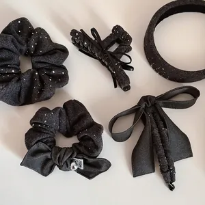 Ensemble Accessoires de Cheveux Coréens Gris Étoile Strass Chouchou Large Plissé Nœud Serre-tête Barrette Bijoux Textiles
