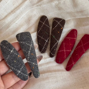 Set of six vintage woolen plaid hair clips in grey, brown, and red for autumn winter