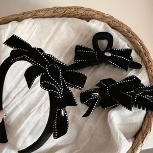Elegant Black Velvet Bow Hair Clip Set With White Dotted Edge Handmade Metal Tag Korean Style Hairpins Headband For Women