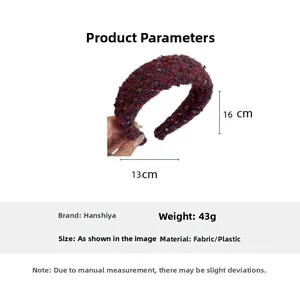 Detail showing dimensions of 16cm height and 13cm width for the red tweed headband