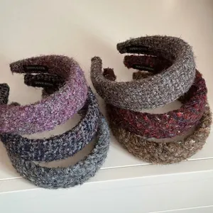 Korean Style Wide Brim Plush Tweed Headband For Women Autumn Winter Thickened Handmade Fashion Hair Hoop Headwear Accessory