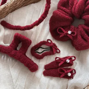 Elegant Burgundy Burgundy Plush Hair Clip Headband Bowknot Rhinestone Lucky Metal Tag Fabric Hair Accessories For Women