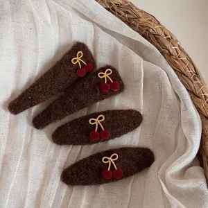 Vintage Cherry Bow Hair Clip Coffee Fabric Felt BB Clip Elegant Sweet Side Hairpin Autumn Winter Women Hair Accessories