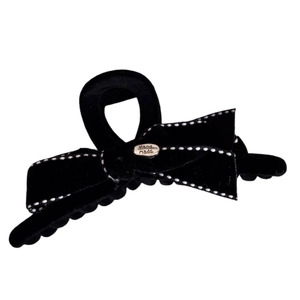 Elegant black velvet bow hair claw clip with white stitching and Hand Made silver plate
