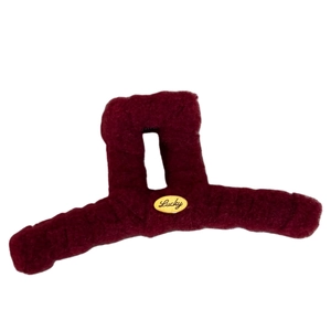 Elegant red plush shark hair claw clip with golden Lucky metal plate for women