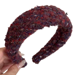 Thick knit headband with colorful metallic tinsel and fuzzy texture for women
