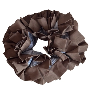 Striped coffee brown scrunchie hair tie with elegant ruffled pleated fabric design