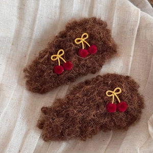 Plush cherry bow hair clips with brown faux fur and red velvet cherries for women