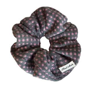 French style polka dot scrunchie in grey and pink flannel with handmade label
