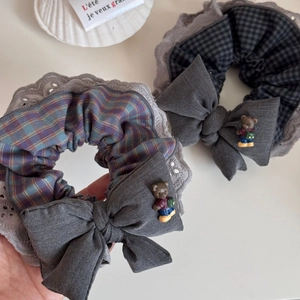 Lace-trimmed hair scrunchies with large bow and bear charm in retro plaid pattern