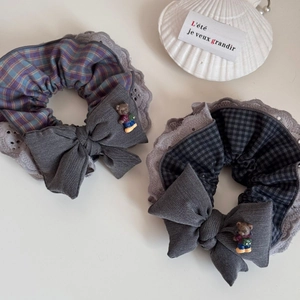Korean style scrunchies with lace trim, denim bow, and cute bear charms in plaid fabric