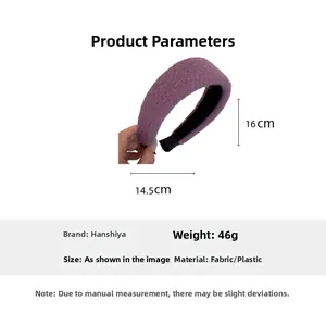 Detail view of purple wool fabric wide headband with dimensions 16cm height and 14.5cm width