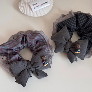 Korean Style Plaid Bow Scrunchie With Bear Pendant Lace Edge Elastic Fabric Hair Ties For Women Sweet Hair Accessories