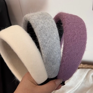 Thick wool padded headband set in cream, grey and purple for a high cranial top look