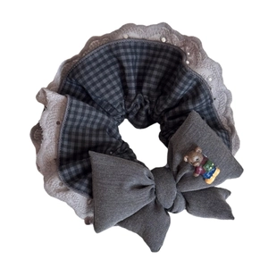 Elegant grey plaid hair scrunchie with lace trim, large bow and cute bear mascot