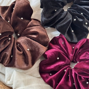 Set of 3 velvet hair scrunchies in coffee black and wine red with metallic stud accents