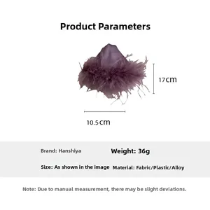 Detailed size specifications for purple feather hair claw showing 17cm height and 10.5cm width