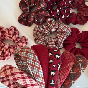 Red plaid and leopard print fabric headband set with padded top and matching scrunchie
