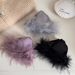 Elegant french style fluffy feather shark hair clips in grey purple and black set