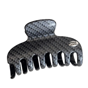 Gray carbon fiber texture shark hair claw clip with silver handmade metal plate