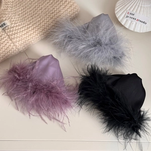 Luxe triangle hair claw clips with fluffy feathers in grey, purple, and black colors