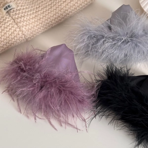 Chic ostrich feather hair scrunchies in purple, black, and grey with a satin finish