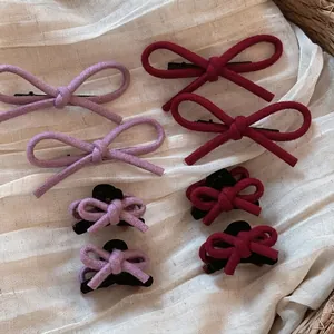 Barrettes Cheveux Nœud en Tissu de Laine Rouge Violet pour Femmes Élégant Rétro Style Hiver Mini Griffe à Cheveux