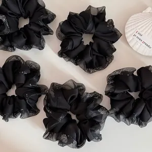 Elegant Korean Satin Scrunchie With Sparkling Rhinestone Mesh Edge French Vintage Fabric Hair Tie For Women Girls Hair Accessories