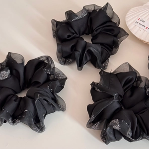 Three-piece set of black satin and organza scrunchies with sparkling rhinestone details