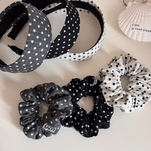 Polka dot wide headband and scrunchie set in black grey white knitted fabric