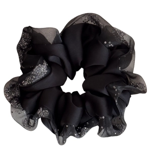Elegant black satin and organza scrunchie with rhinestones on a clean white background