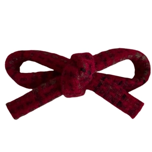 Elegant red knitted wool bow hair clip with vintage plaid texture for autumn and winter