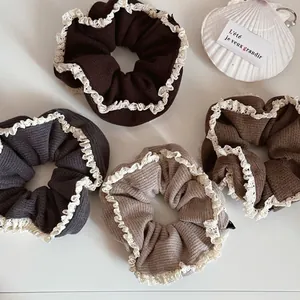 Korean Style Ribbed Knit Hair Scrunchie With Double Layer Lace Trim High Elasticity Vintage Hair Tie For Women Girls