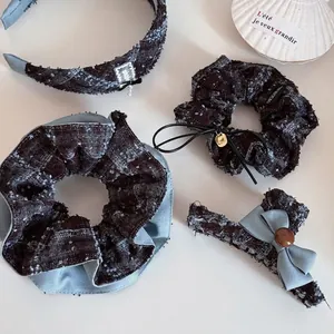Elegant Blue Plaid Tweed Scrunchie Set With Bow Hair Clip And Wide Headband For Women Vintage Chanel Style Hair Accessories