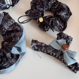 Blue and brown tweed scrunchies with metallic charm and elegant bow hair claw set