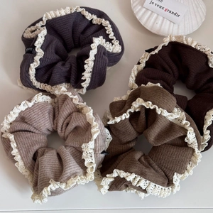 Ribbed knit hair scrunchies with lace trim in neutral coffee and chocolate colors