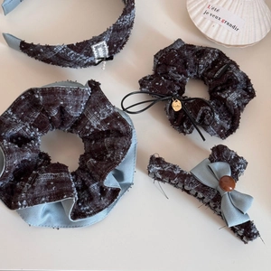 Blue tweed scrunchies and bow hair clip set for women's elegant bun hairstyles