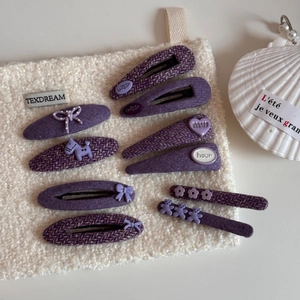 Set de 9 pinzas para el cabello en tweed violeta con lazos y ositos para mujer