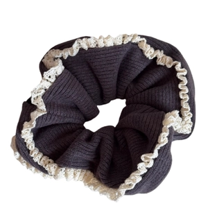Elegant coffee brown knitted hair scrunchie with cream white lace trim in vintage style