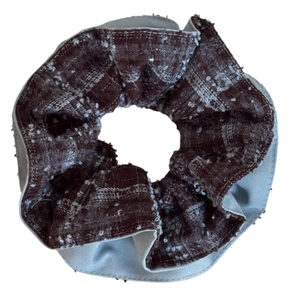 Blue and brown plaid tweed scrunchie hair tie for women with stylish layered design