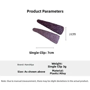 Dettaglio dimensioni delle clip per capelli in tweed viola a forma di goccia d'acqua