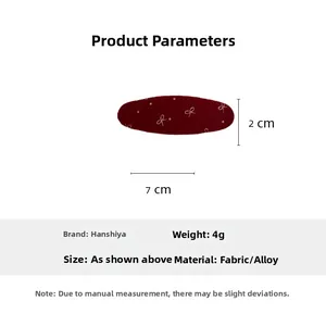 Dimensioni dettagliate della clip per capelli a fiocco rosso in tessuto, lunghezza 7 cm