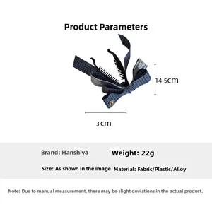 Barrette banane à nœud à carreaux bleu et noir avec bouton rétro et dimensions 14,5 cm