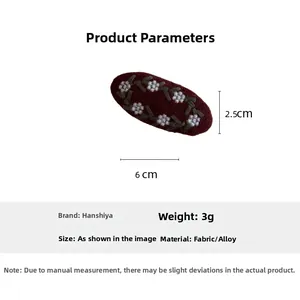 Detailed size view of dark red embroidered floral fabric hair clip with dimensions and specs