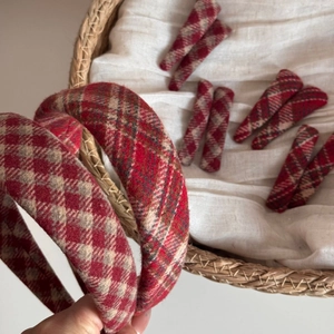 Red and beige plaid tweed headband and hair clips set for elegant winter fashion style