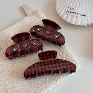 Three-piece set of cocoa brown plaid hair claws with heart sequins and rhinestones